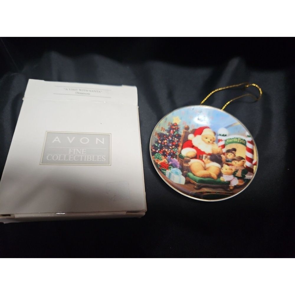 Vintage AVON 2001 A Visit With Santa Miniature Plate‎ Ornament Teddy Bear in Box